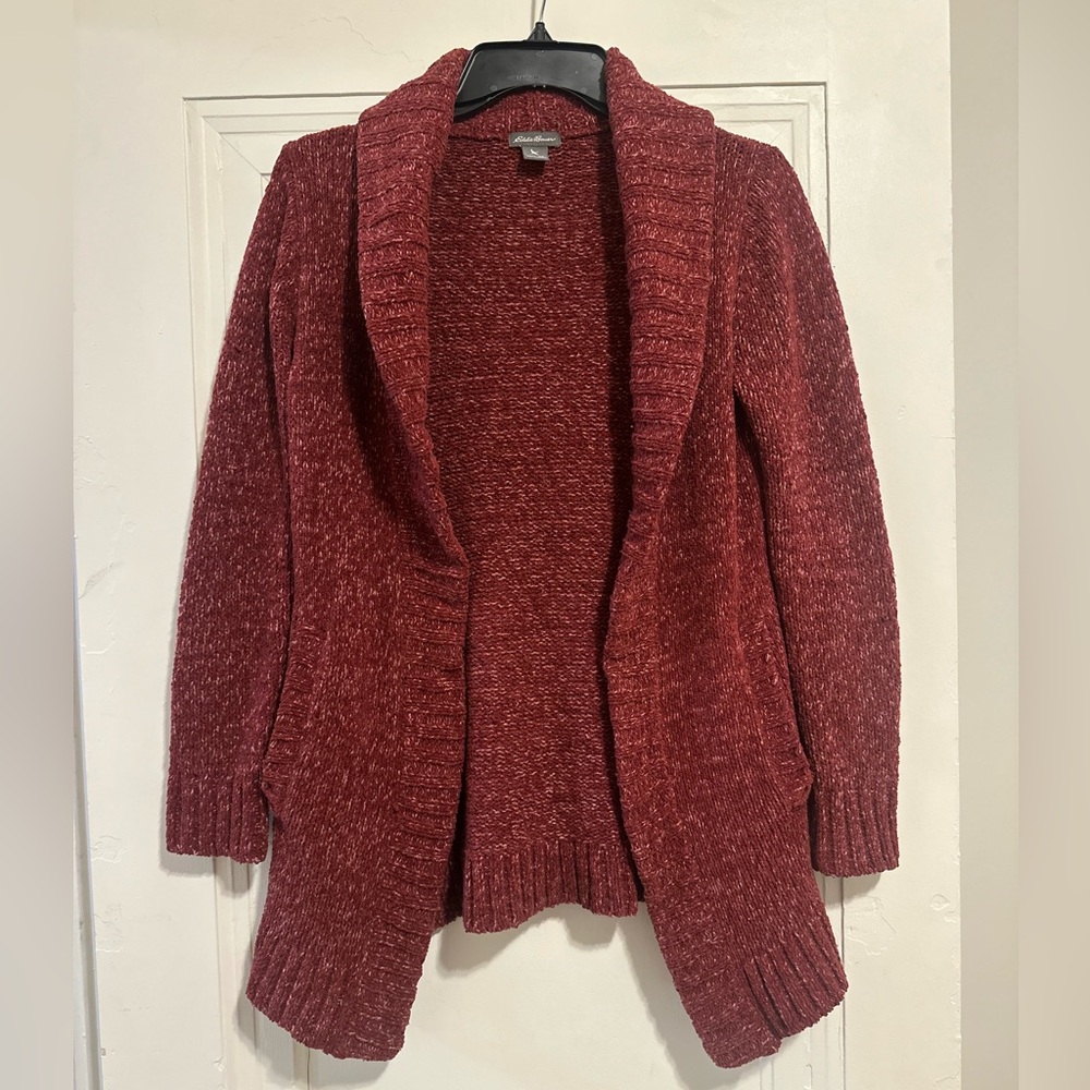 Eddie Bauer Shawl Collar Cardigan In Burgundy Marbled Knit